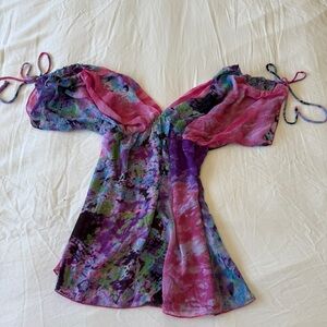 Dream Y2K Multicolor Watercolor Fiary Blouse Chiffon Top Sheer Open Shoulder S